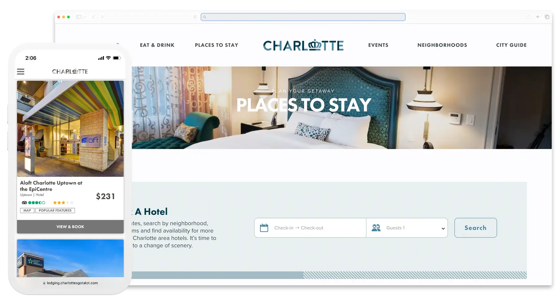 Desktop and mobile depictions of DMO white label booking solution for Charlotte Regional Visitors Authority